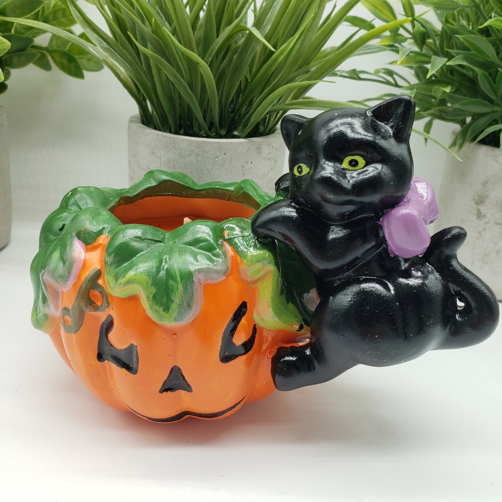 Halloween Vintage Pumpkin Black Cat Ceramic Candle Holder in Original Box